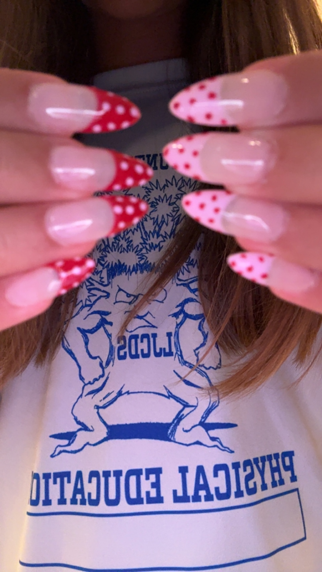 Red and pink polka dot French tips
