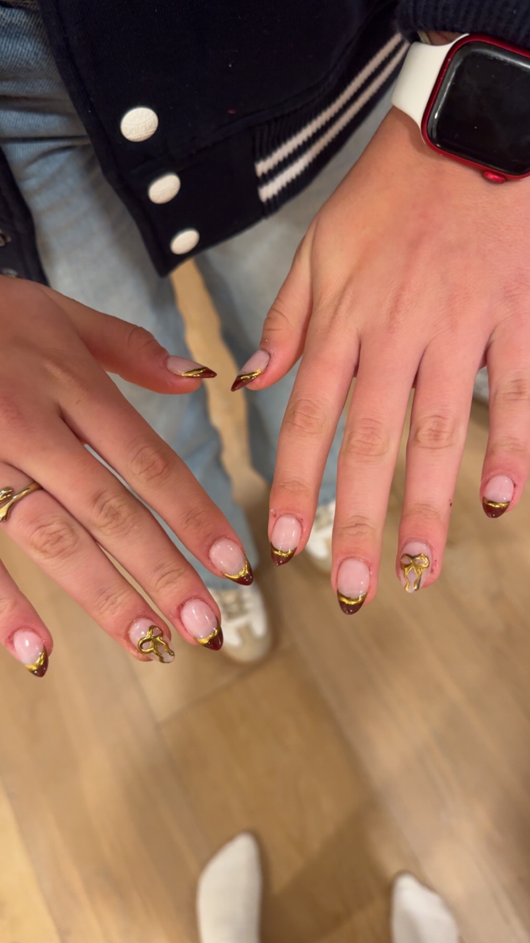 Burgundy and gold French tips